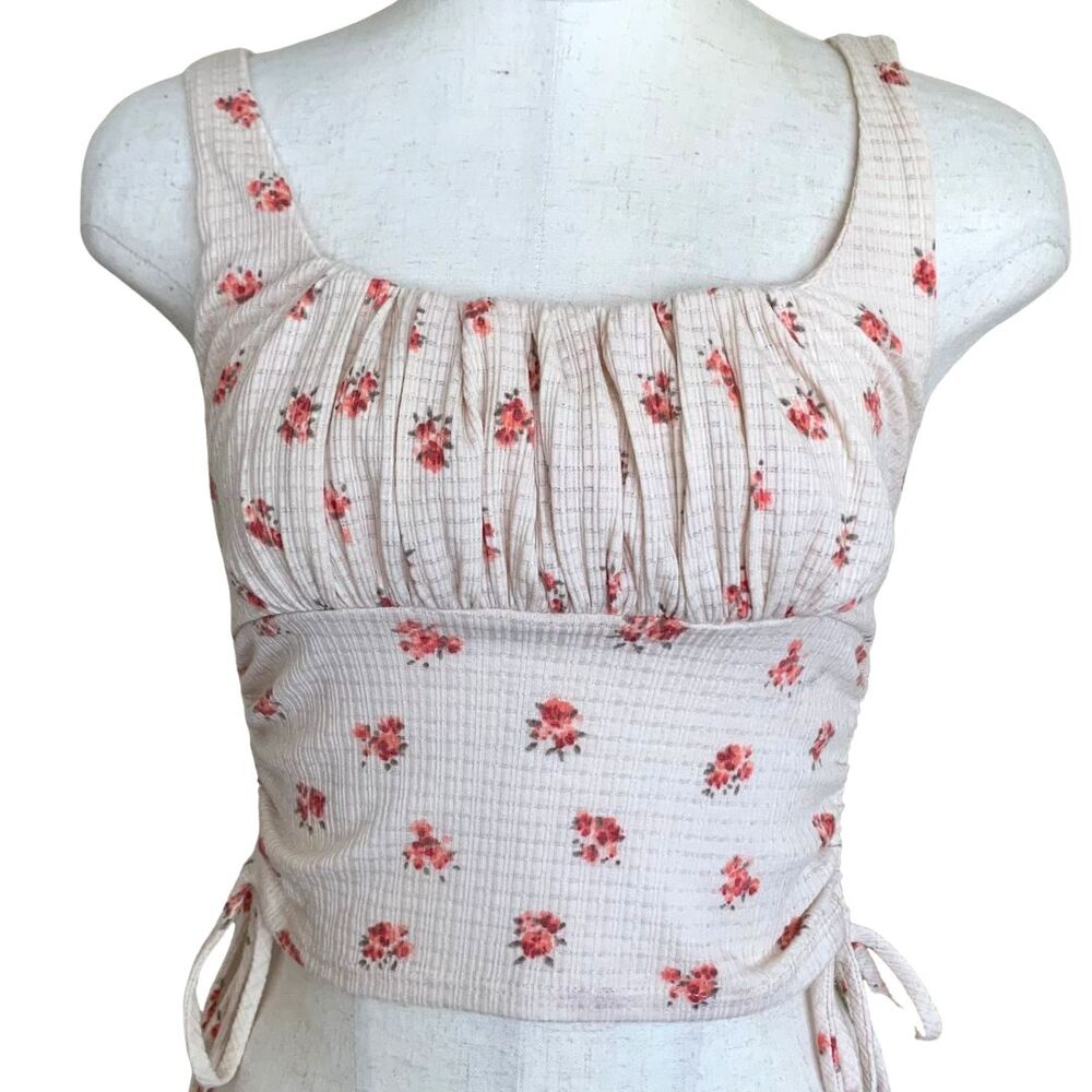 Audrey 3+1 Women’s Floral Pleated Tank Top Size S Cream Red Sleeveless